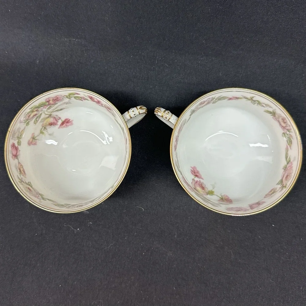 Haviland Limoges 'The Amstel' Bouillon Cups, Gold Pink Roses, Antique, Set of 2